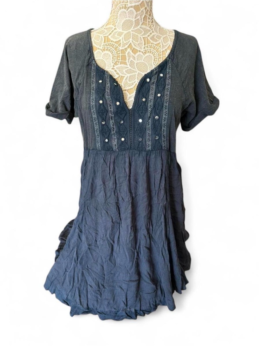 Free People Slate Blue Embroidered V-Neck Midi Dress